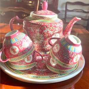 Vintage Chinese Rose Mun Shou Rose Longevity Chinoiserie Tea Set